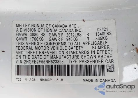 2022 Honda Civic Sport z USA, uszkodzony, nr VIN 2HGFE2F55NH523898